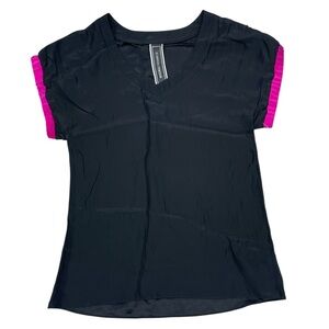 Kimberly Taylor Black and Pink Silk V-Neck Top